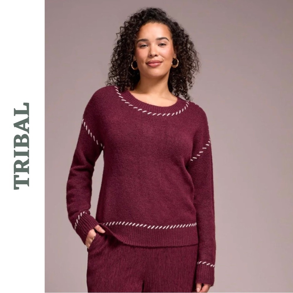 Tribal Wine Knit Sweater Medium NWT Contrast Stitch